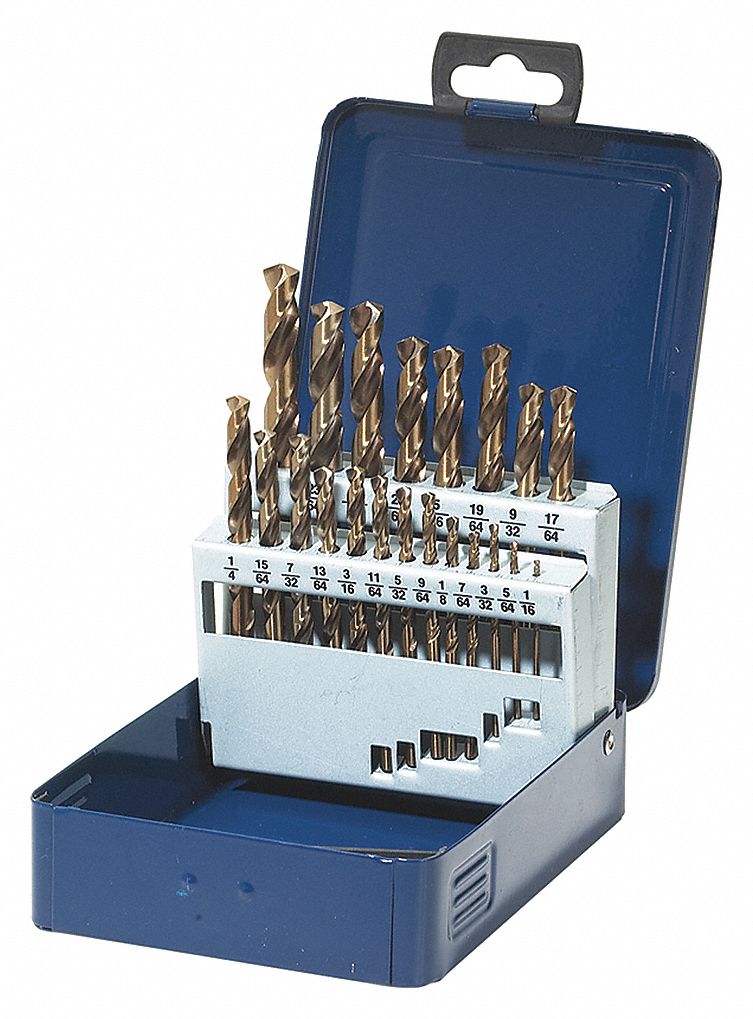 DRILL BIT SET, 135 DEGREES, 21 PIECES, 1/16 IN TO 3/8 IN BY 64 IN, HIGH SPEED STEEL, POLYETHYLENE