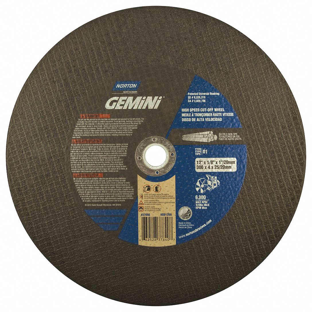 NORTON 12 in, Type 1 Silicon Carbide Abrasive CutOff Wheel, 20mm Arbor