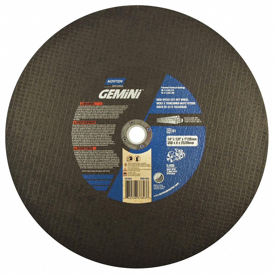 Abrasive Cut-Off Wheel: Type 1, 14" x 1/8", 20 mm/1" Arbor, SC/AO, 24 Grit, Gemini Ductile