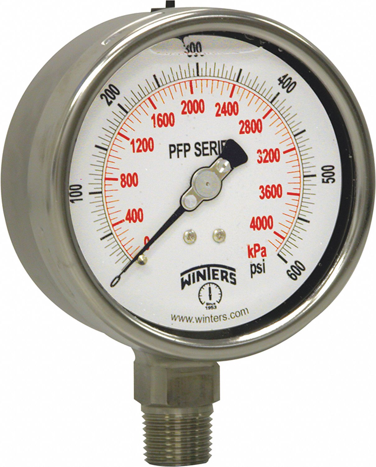 PRESSURE GAUGE, BOTTOM MOUNT, 0-1000 PSI/KPA, 1/2 IN MNPT, DIAL SIZE 4 IN, SS