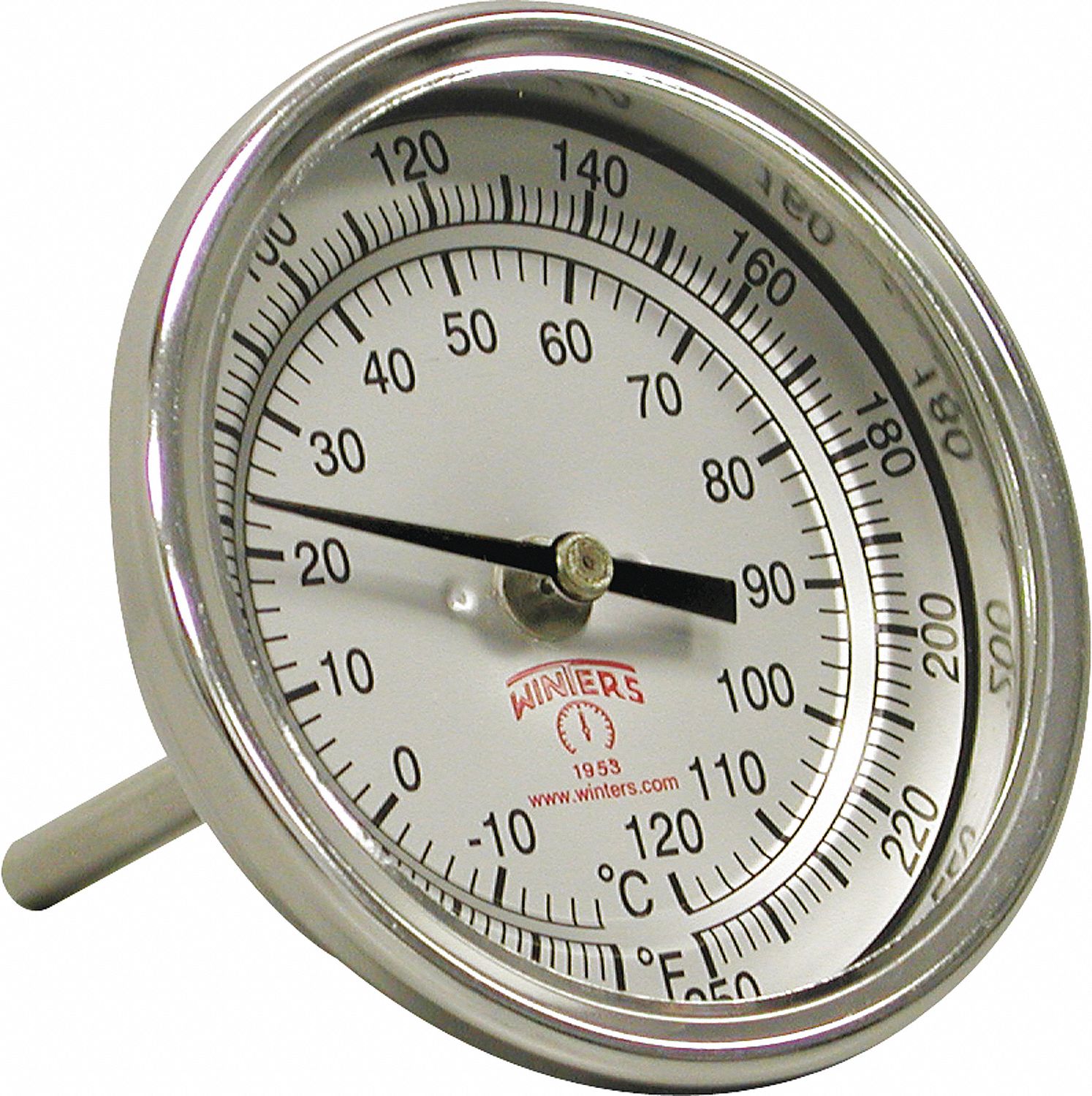 BI-METAL THERMOMETER, TNR SERIES 330, +/- 1 PERCENT ACCURACY, 3 IN X 2.5 IN STEM L, STAINLESS STEEL