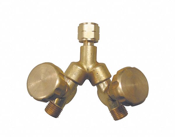 VALVED Y CONNECTION, OXYGEN GAS, MAXIMUM PRESSURE 200 PSI, B FEMALE TO B MALE RH BRASS, 1 PIECE