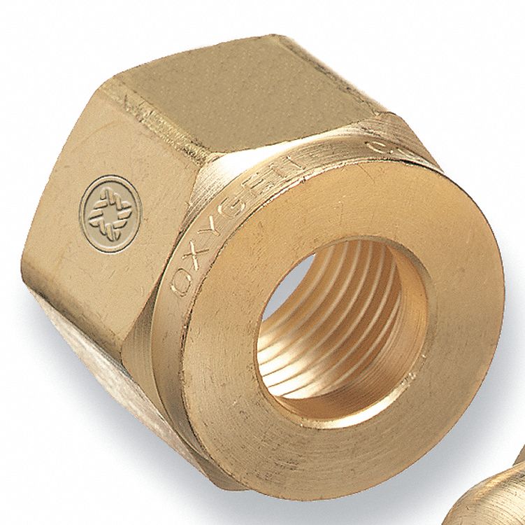 REGULATOR NUT, OXYGEN, MAXIMUM PRESSURE 3000 PSI, 0.908-14 NGO RH MALE, BRASS, 1 PIECE