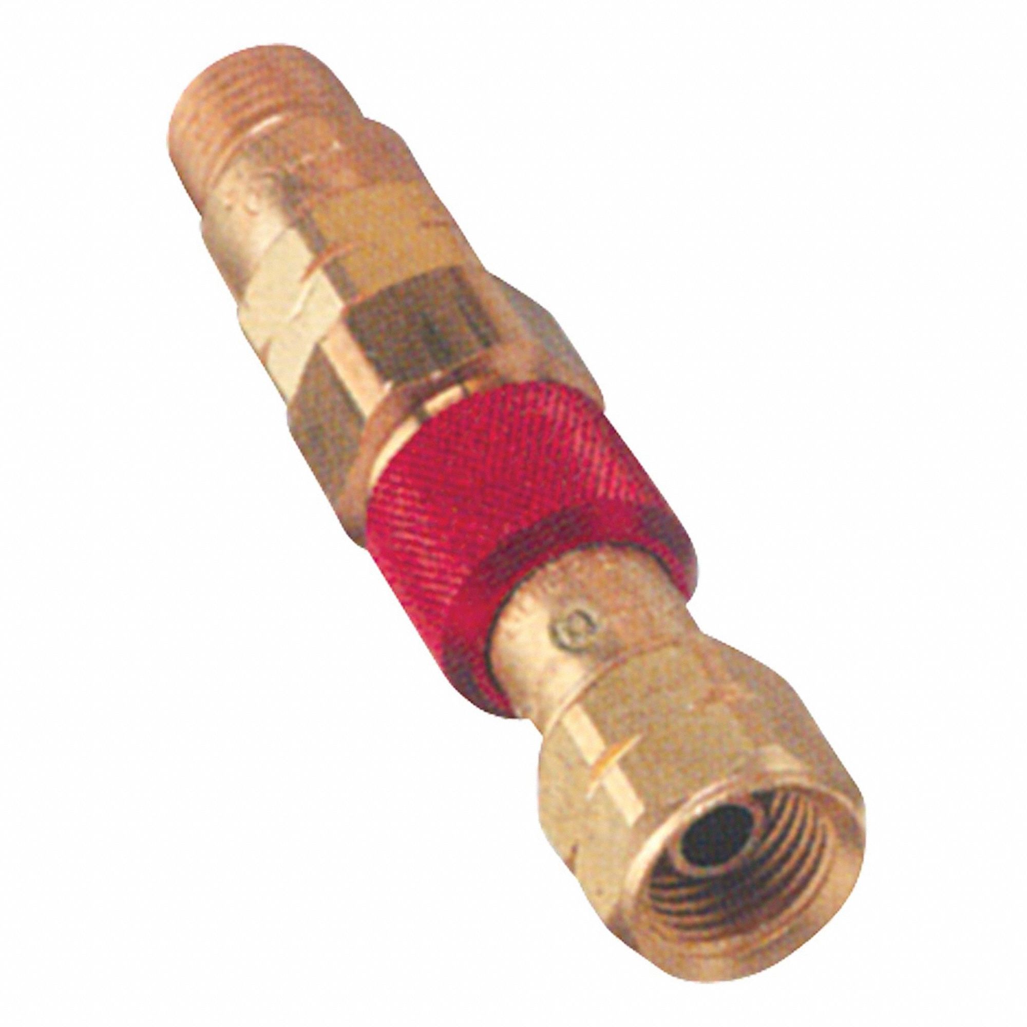 QUICK CONNECT W CHECK VALVE, TORCH END, FUEL GAS, COLOUR-CODED, BRASS