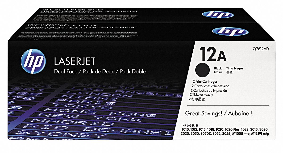 Toner Cartridge, Black, HP, PK 2 Grainger