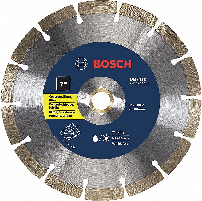 DIAMOND SAW BLADE, SEGMENTED, 7 IN DIA, ⅞ IN, WET/DRY, 8500 RPM, FOR CIRCULAR SAW