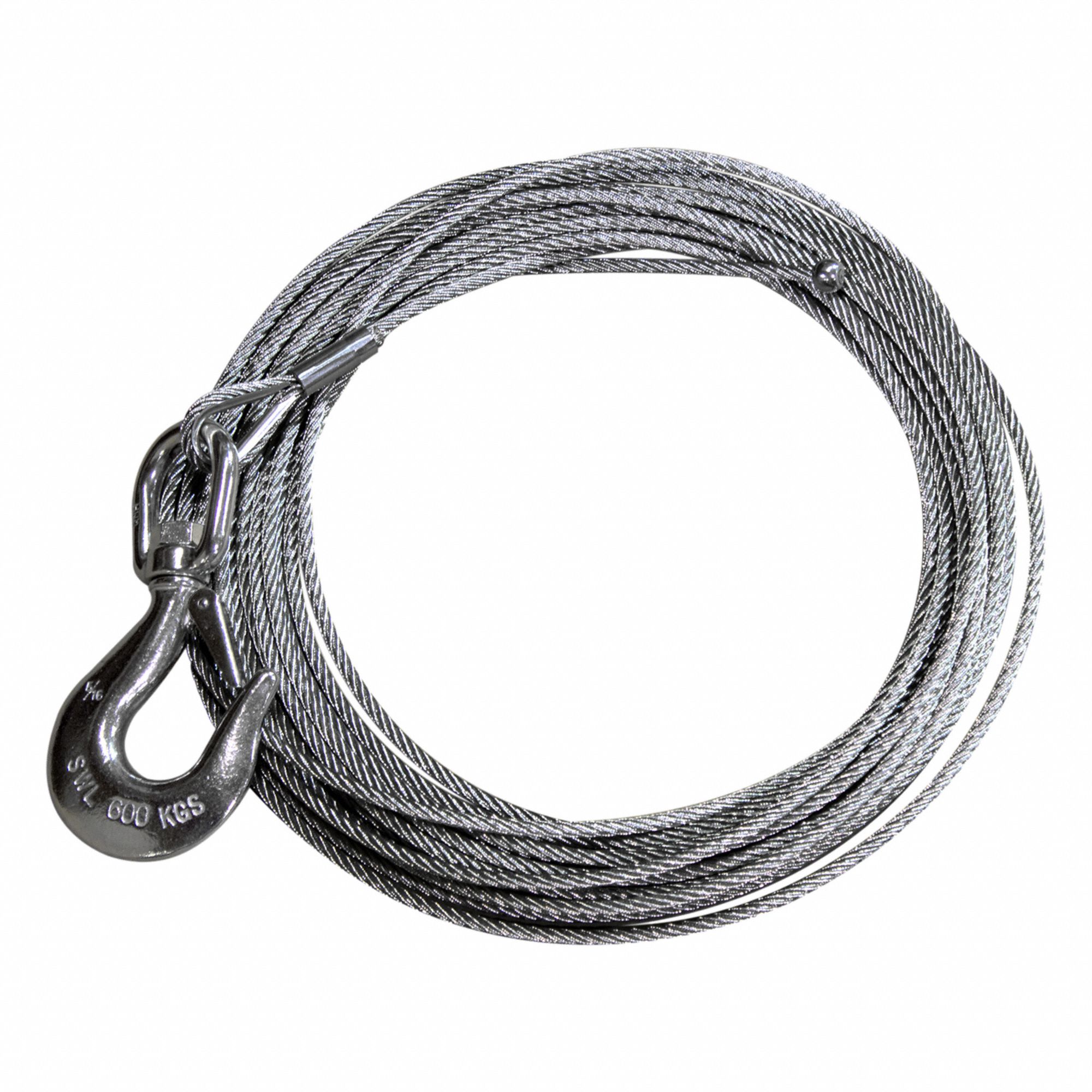THERN ROPE,SS W/HOOK,20 FT X 1/4 IN - Winch Cables, Lines and