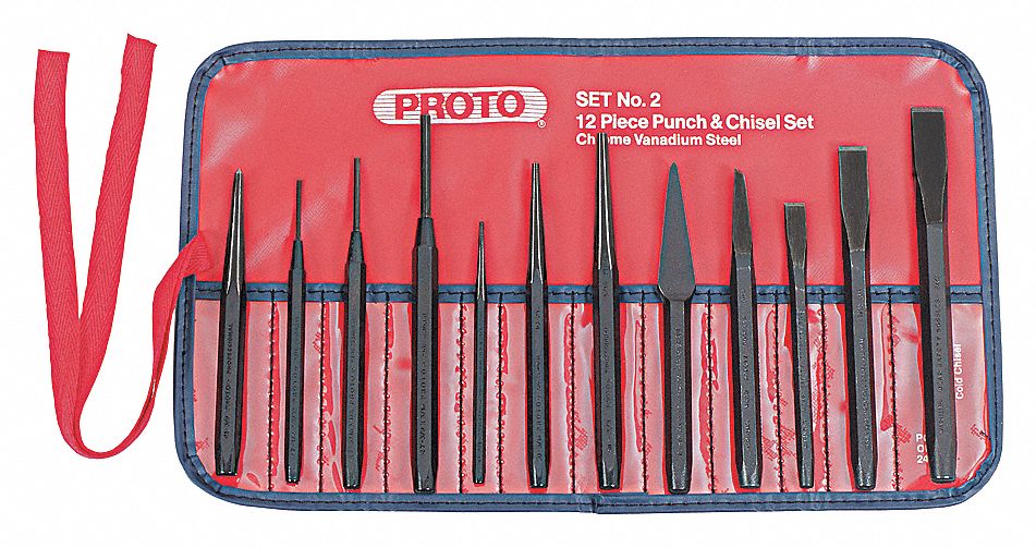 PUNCH AND CHISEL SET, 12 PIECES, CAPE CHISEL/COLD CHISEL/DIAMOND POINT CHISEL, POUCH, J2S2