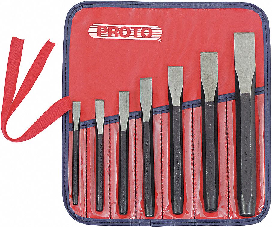 COLD CHISEL SET, STEEL, 5/16 IN/⅜ IN/7/16 IN/½ IN/⅝ IN/¾ IN/⅞ IN BLADE W, PLAIN GRIP