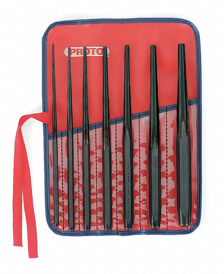 DRIFT PUNCH SET, 3/32 IN/⅛ IN/3/16 IN/7/32 IN/¼ IN/5/16 IN/⅜ IN TIP SIZE, 10 IN OVERALL L