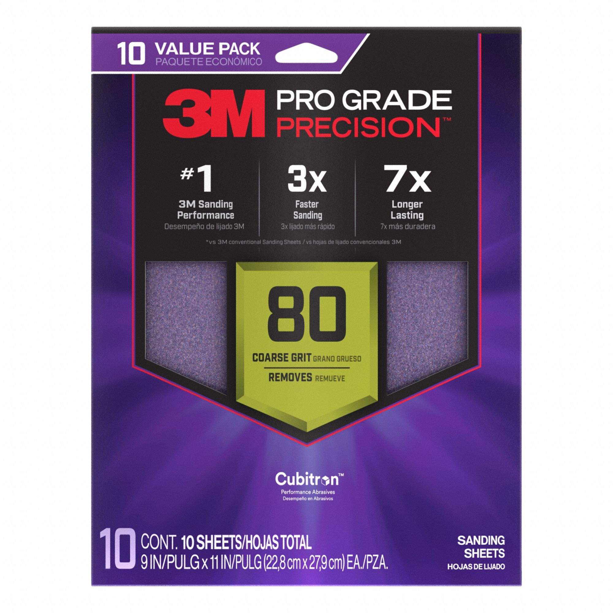 Sanding Sheet: 9 in W x 11 in L, Ceramic, 80 Grit, Pro Grade Precision, 10 PK