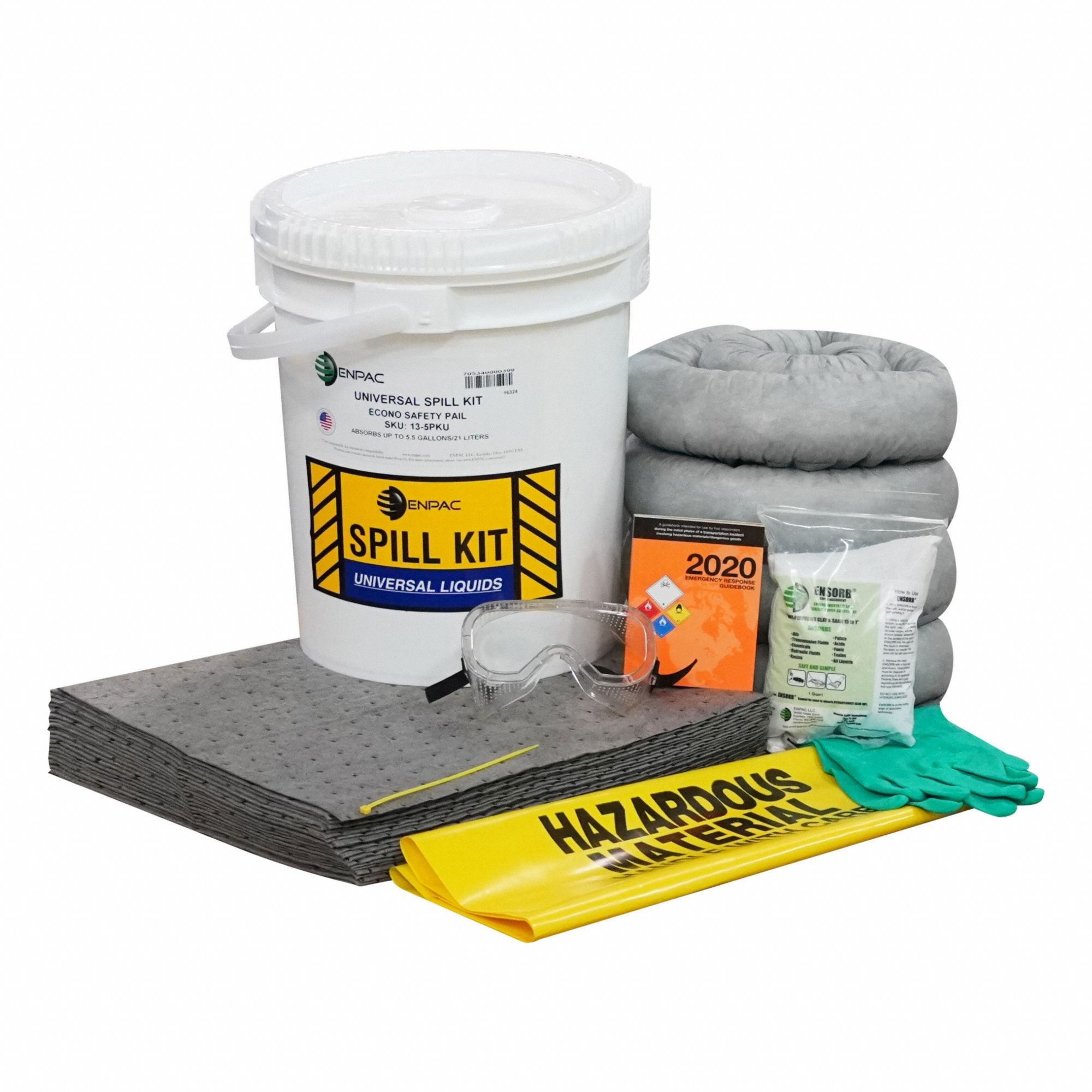 Spill Kit,  Fluids Absorbed Universal, Water,  Container Type Pail,  5 gal Container Capacity