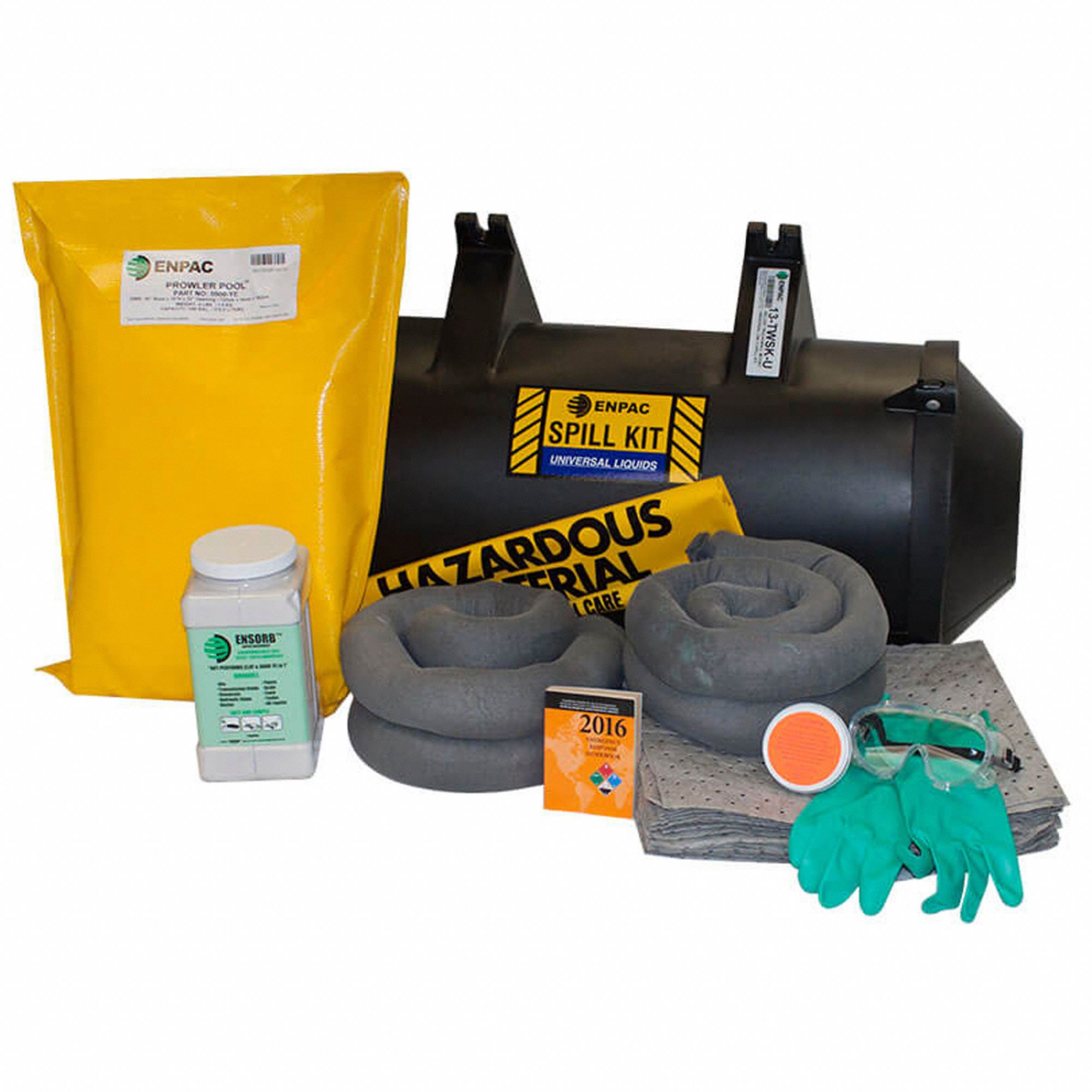 VEHICLE SPILL KIT, 110 GAL ABSORBED PER KIT, GOGGLES/PAIR NITRILE GLOVES, YELLOW