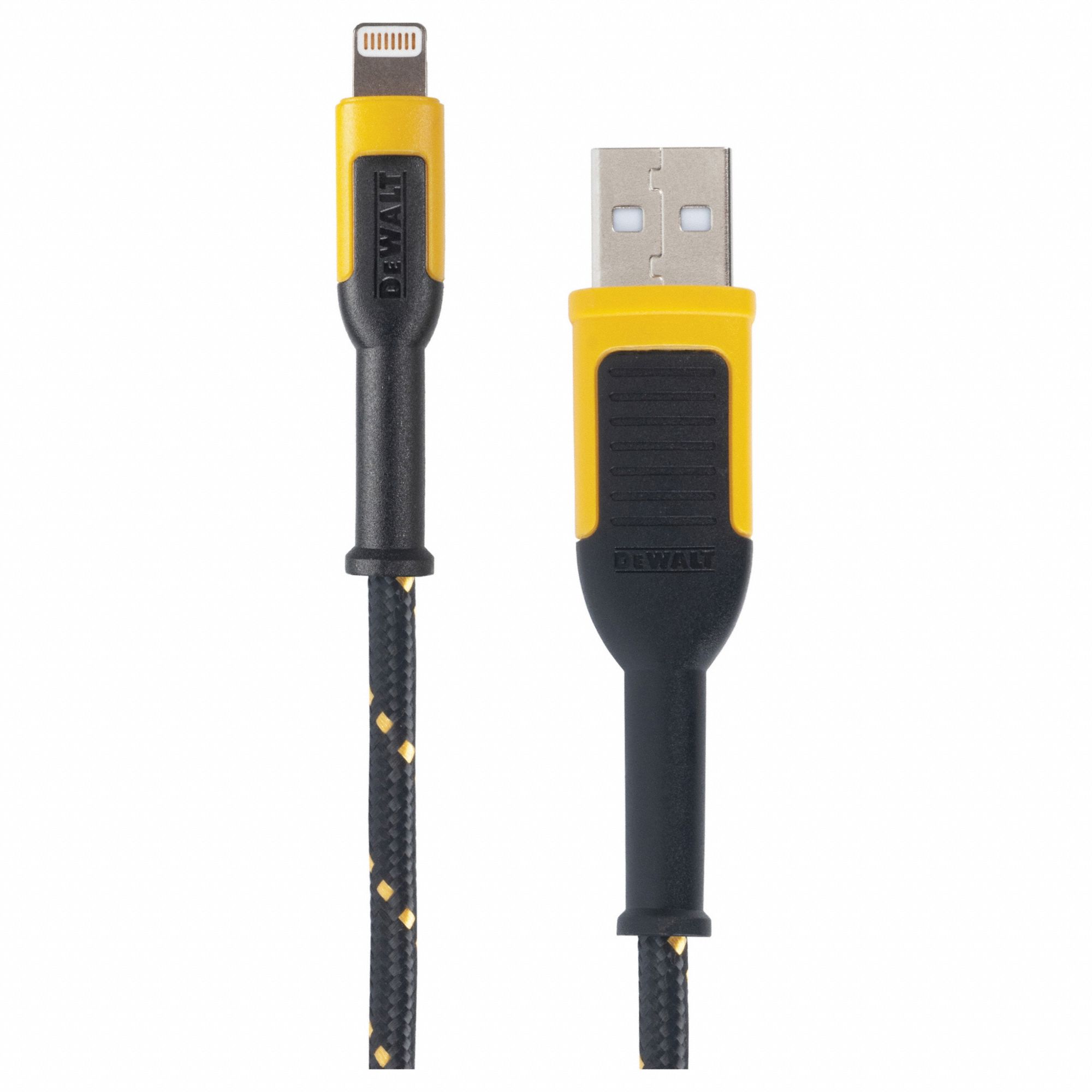 Reinforced USB Cable: Lightning End 1, Type A End 2, Black/Yellow, 6 ft Lg