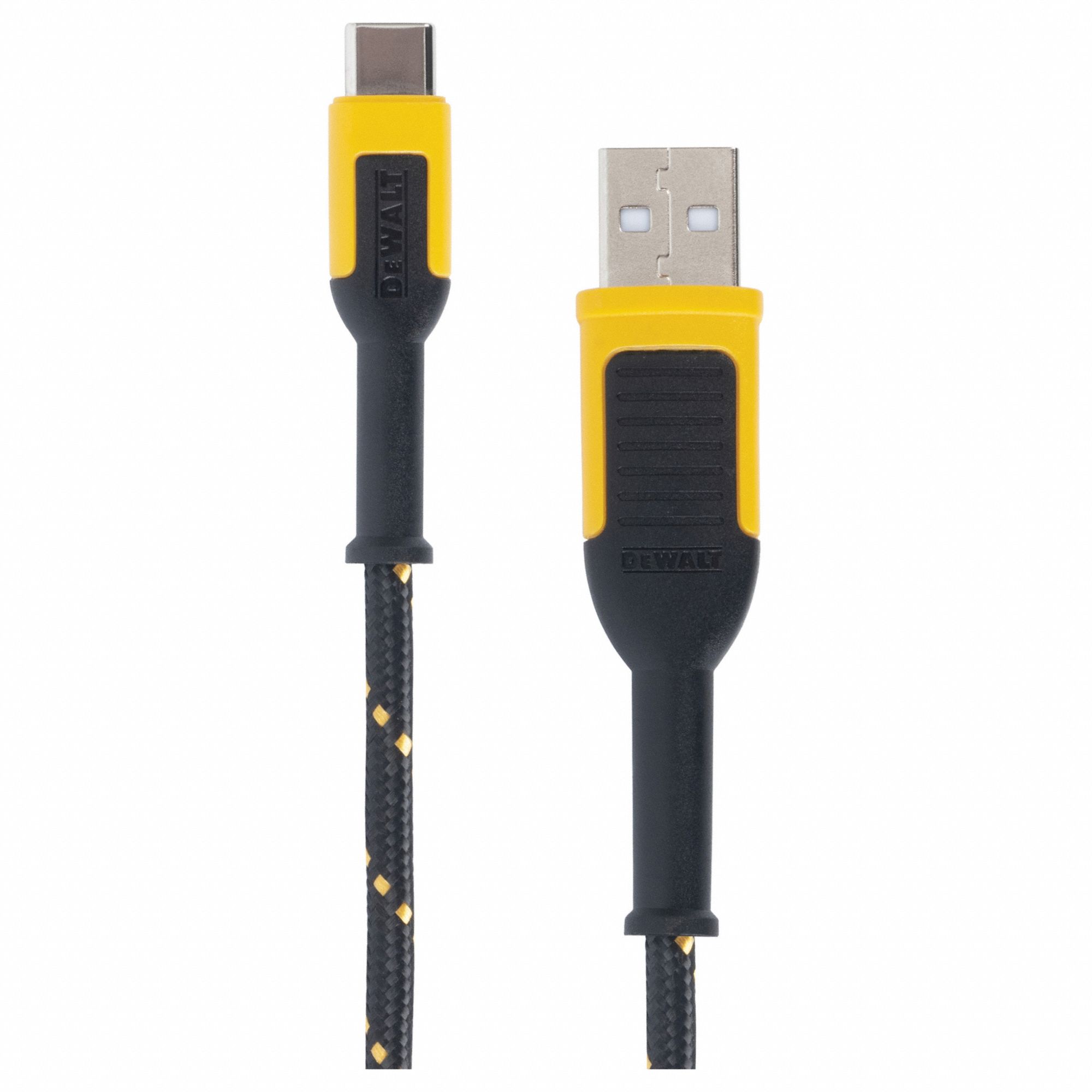 Reinforced USB Cable: Type A End 1, Type C End 2, Black/Yellow, 10 ft Lg