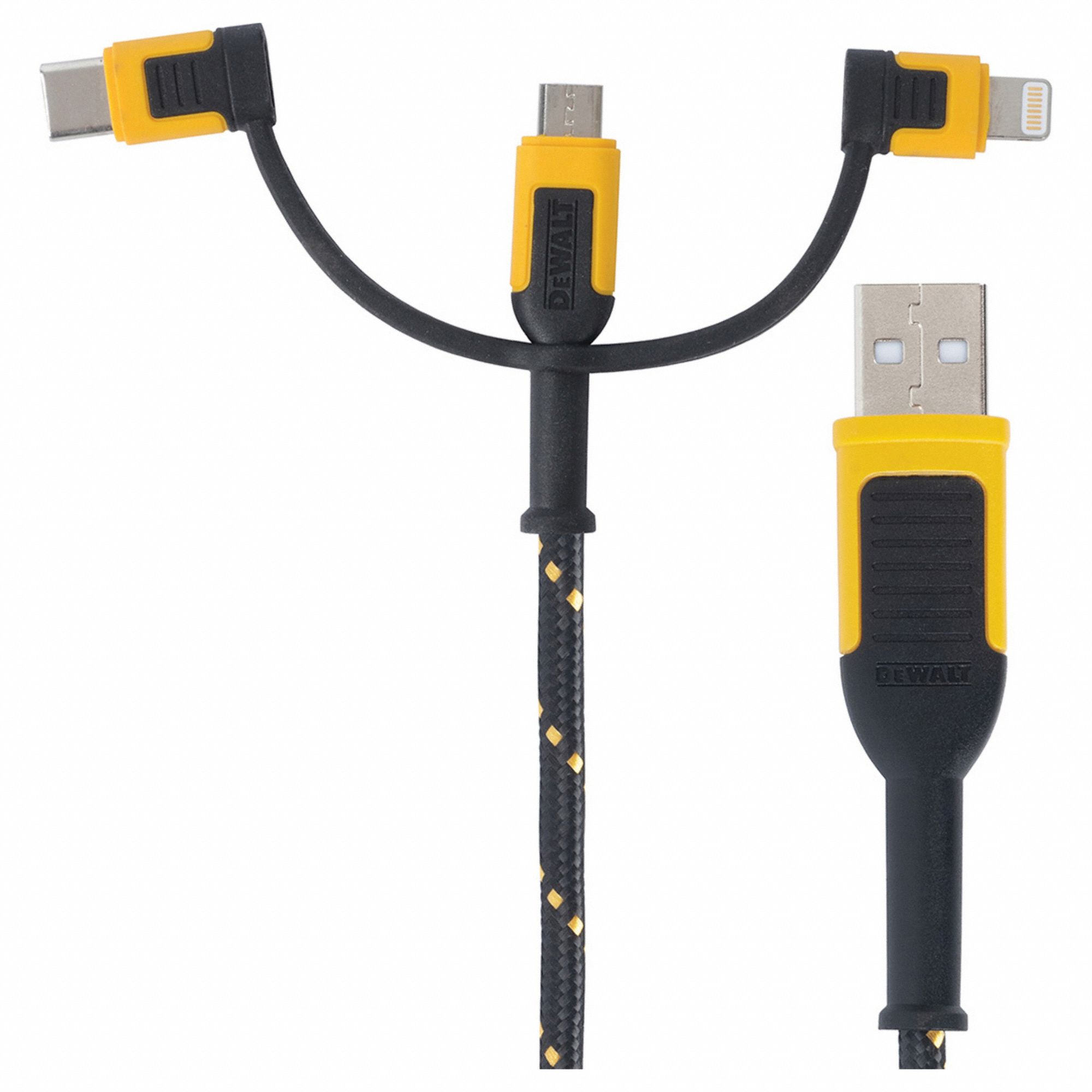 Reinforced USB Cable: Lightning/Micro/Type C End 1, Lightning End 2, Black/Yellow, 6 ft Lg