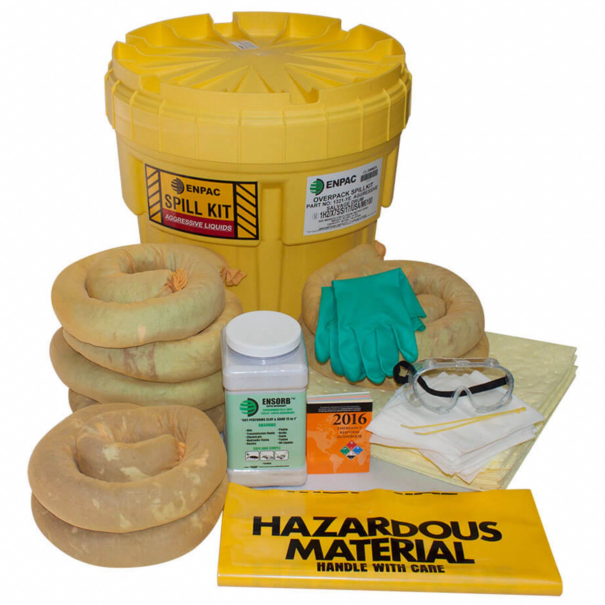 SPILL KIT, 11 GALLON ABSORBED PER KIT, GOGGLES/PAIR NITRILE GLOVES, YELLOW