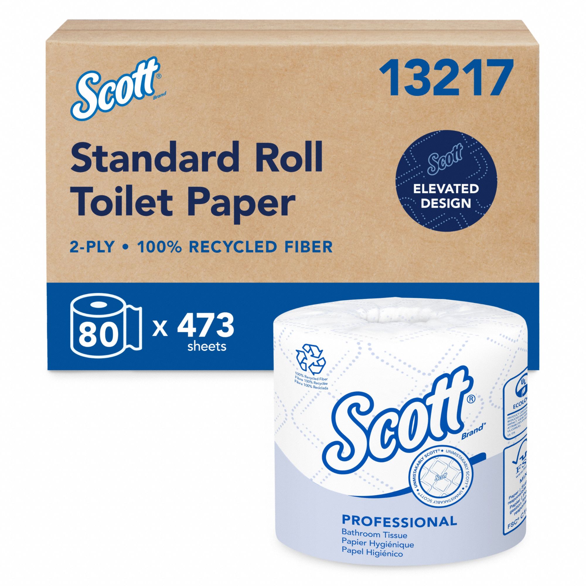 Toilet Paper Roll: 2 Ply, 473 Sheets, 194 ft Roll Lg, 4 5/8 in Roll Dia., 80 PK