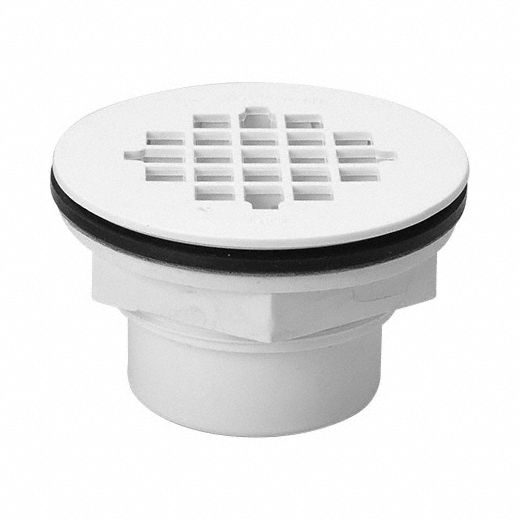 Shower Drain: 2 in Overall Dia, 4 1/4 in Overall Lg, 2 5/8 in Overall Ht, Plastic
