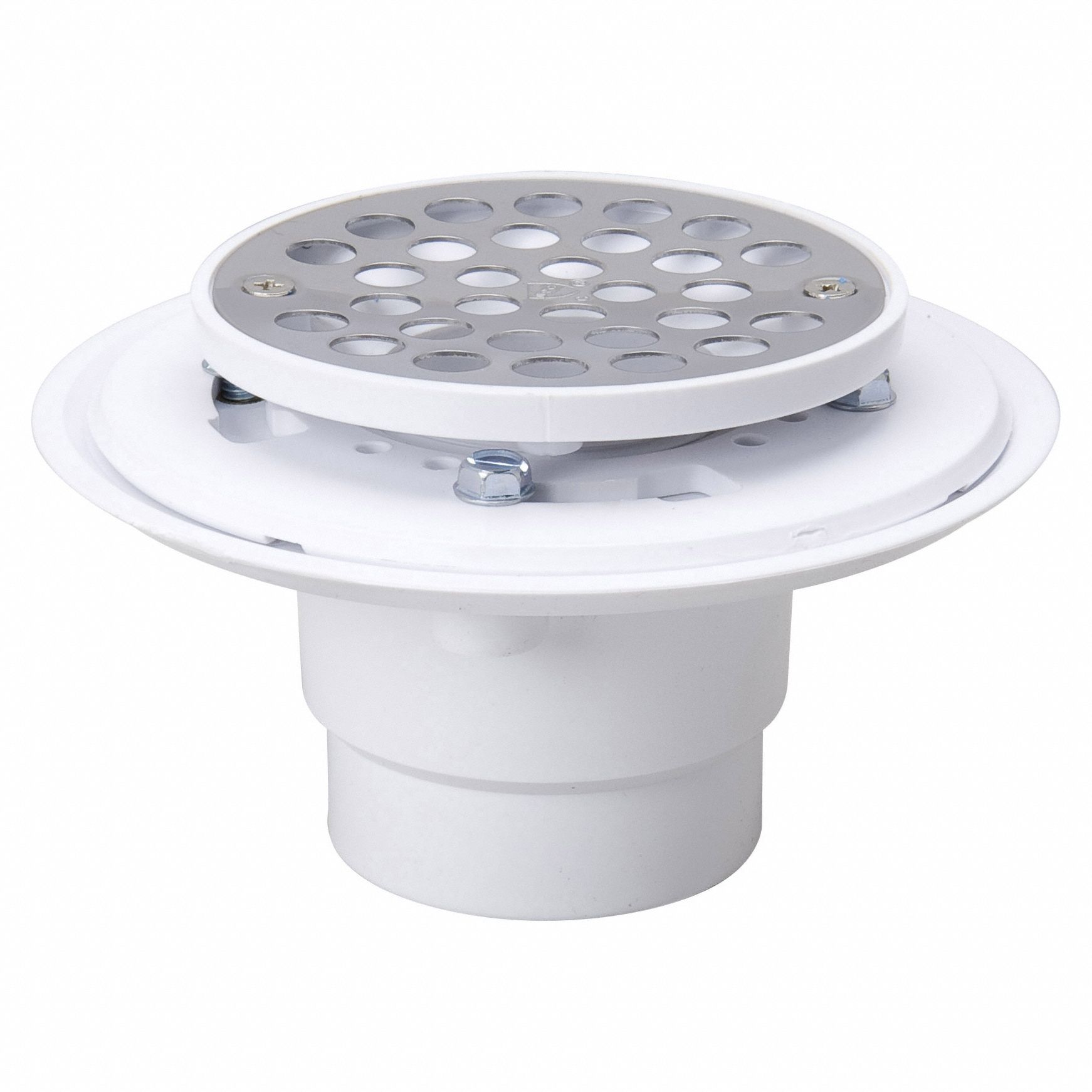 Shower Drain: 2 in Overall Dia, 6 1/8 in Overall Lg, 3 5/8 in Overall Ht, Plastic