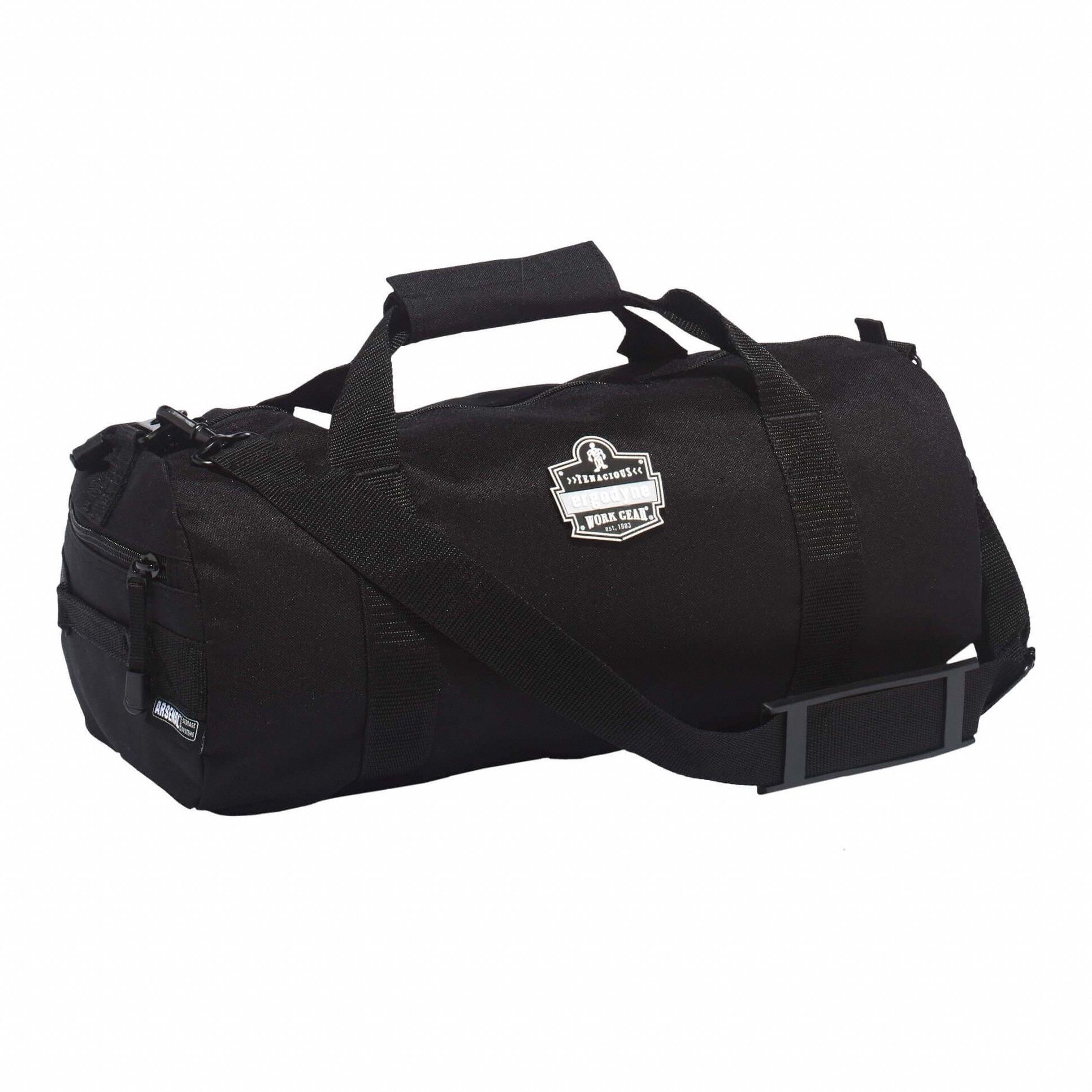Duffel Bag: Black, Top Grab Handle, Zipper, 18 in Overall Lg, 9 in Overall Wd