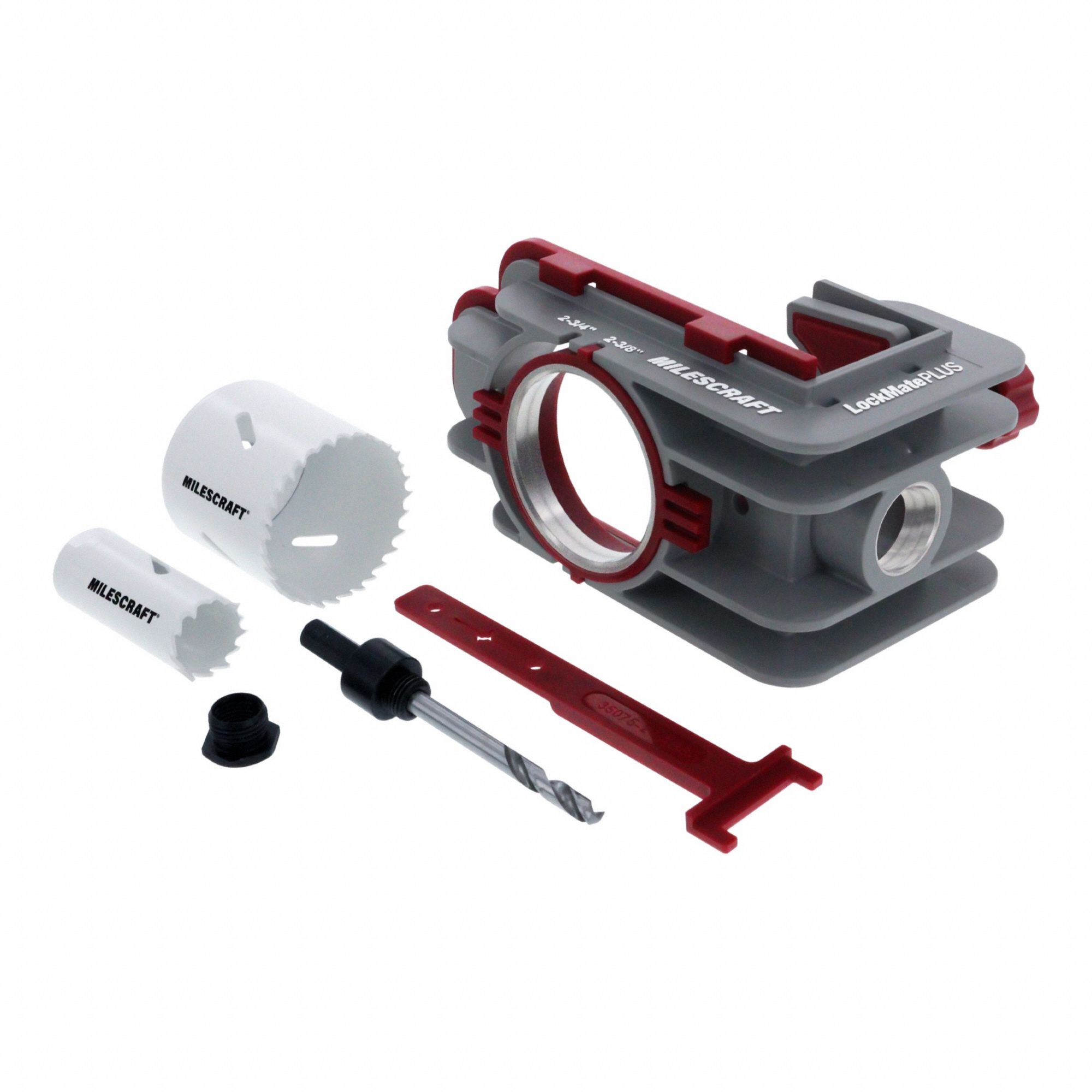 MILESCRAFT lock install jig: Installation Jig, Handle/Knob/Lock, 1 3/8 in to 1 3/4 in, LockMatePLUS (MPN 1338). Key specifications — attr1216986: Integrated Clamps; attr1217001: LockMatePLUS; attr1216989: Lock; attr1216999: Installation Jig.