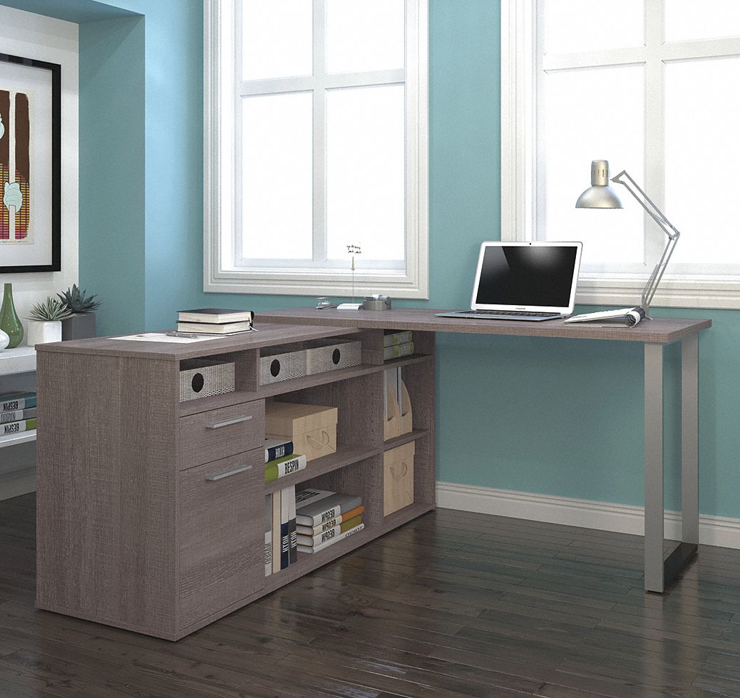 L-Shape Desk: Solay Series, 59 19/64 in Overall Wd, 29 45/64 in Overall Ht, Gray, Gray