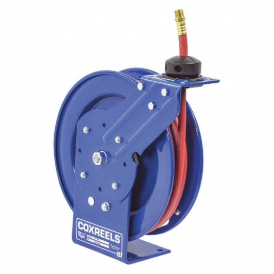 Spring Return Hose Reel: 25 ft (3/8 in I.D.), 3/8 in MNPT, 300 psi Max Op  Pressure, Brass, Blue