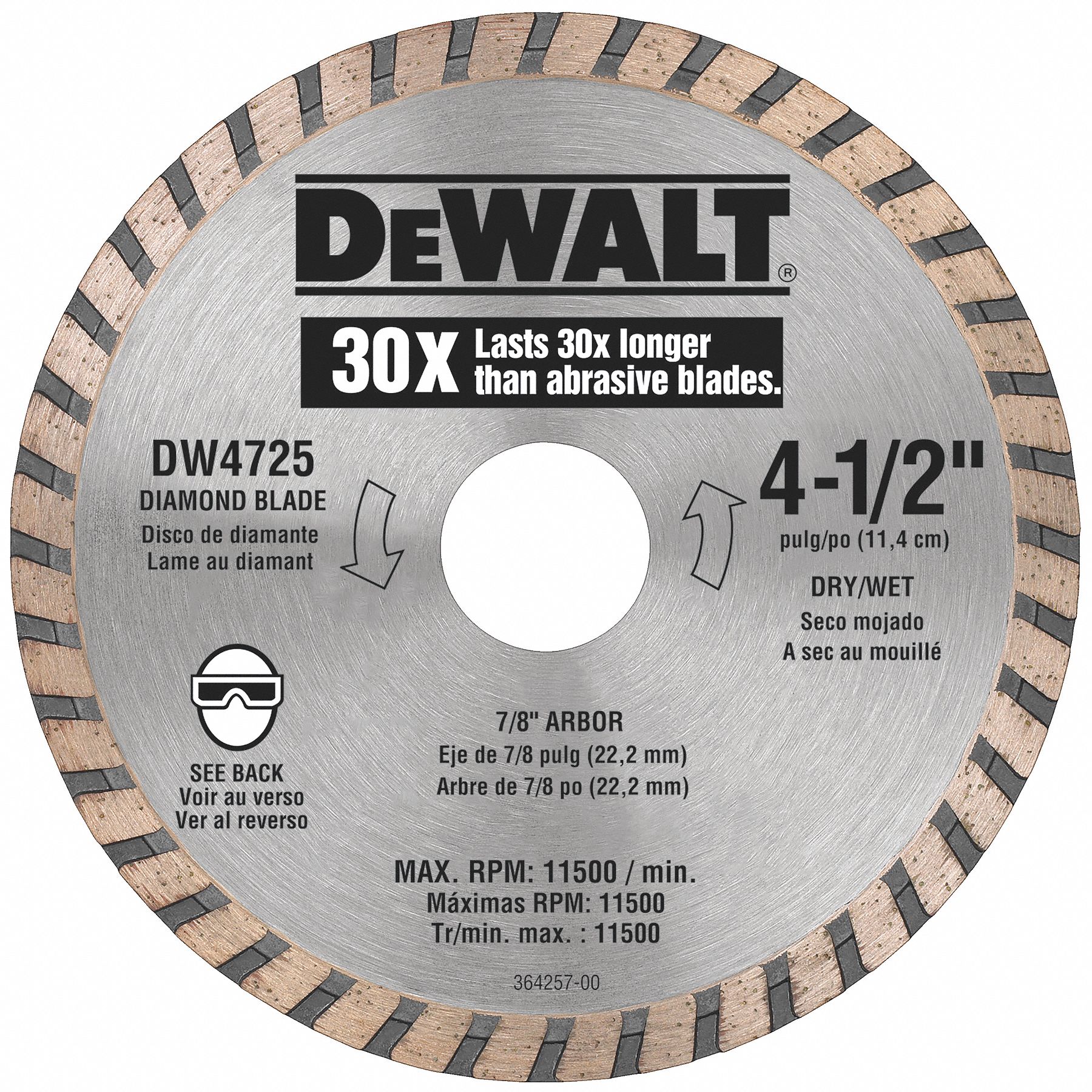 DIAMOND SAW BLADE, SEGMENTED, HIGH-PERFORMANCE, THIN KERF, 4½ IN DIA, DRY/WET, 6300 RPM