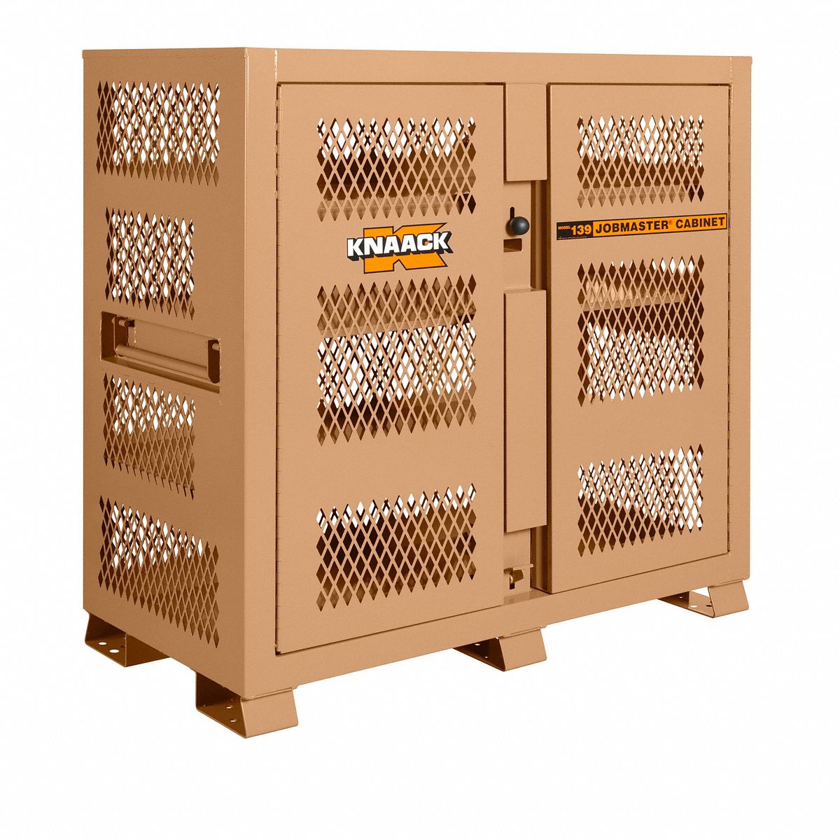 KNAACK Jobsite Cabinet: 60 in W x 30 in D x 60 in H, 59.4 cu ft, Proprietary Recessed Padlock, Tan (MPN 139-MT-KL). Key specifications — attr1116233: Tan; attr1116253: KNAACK; attr1222022: Includes Proprietary Recessed Padlock.