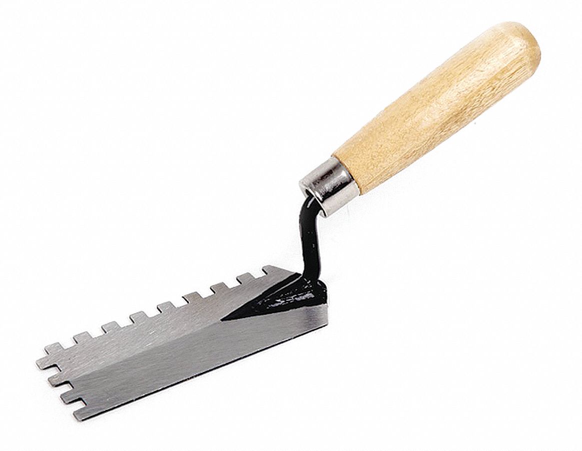 NOTCHED TROWEL, SQUARE BLADE, WOOD HANDLE, 2-SIDED, 6 X 2 IN, STEEL
