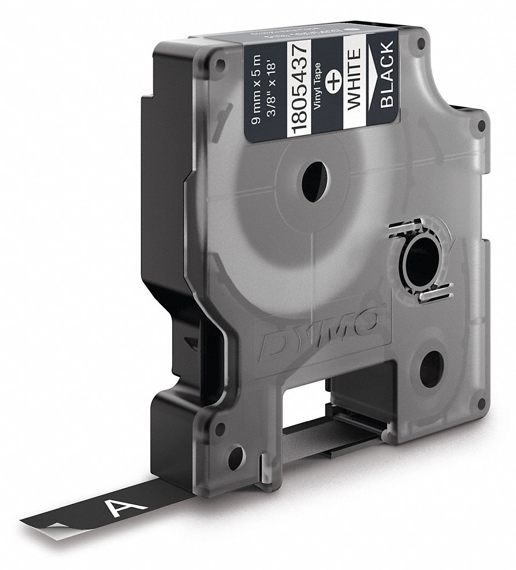 DYMO Continuous Label Roll Cartridge 3/8 in x 18 ft, Halogen Free Vinyl, White on Black, Indoor