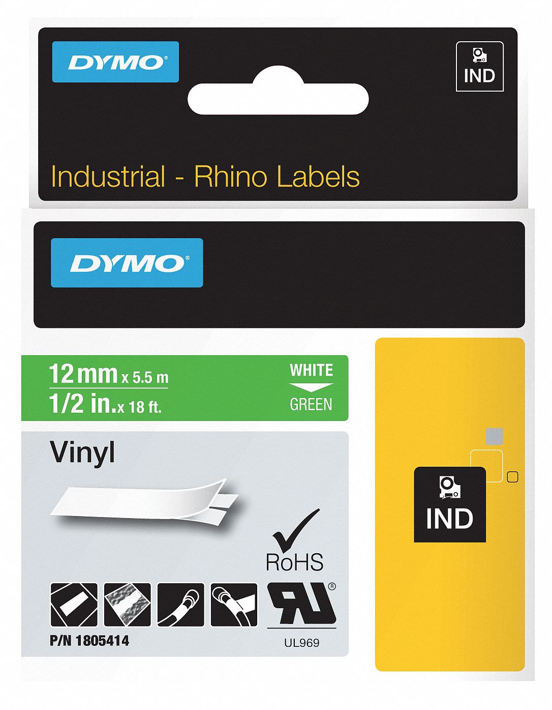Combined Label and Ribbon Cartridge: 1/2 in x 18 ft, Vinyl, Green (Gloss), Indoor/Outdoor