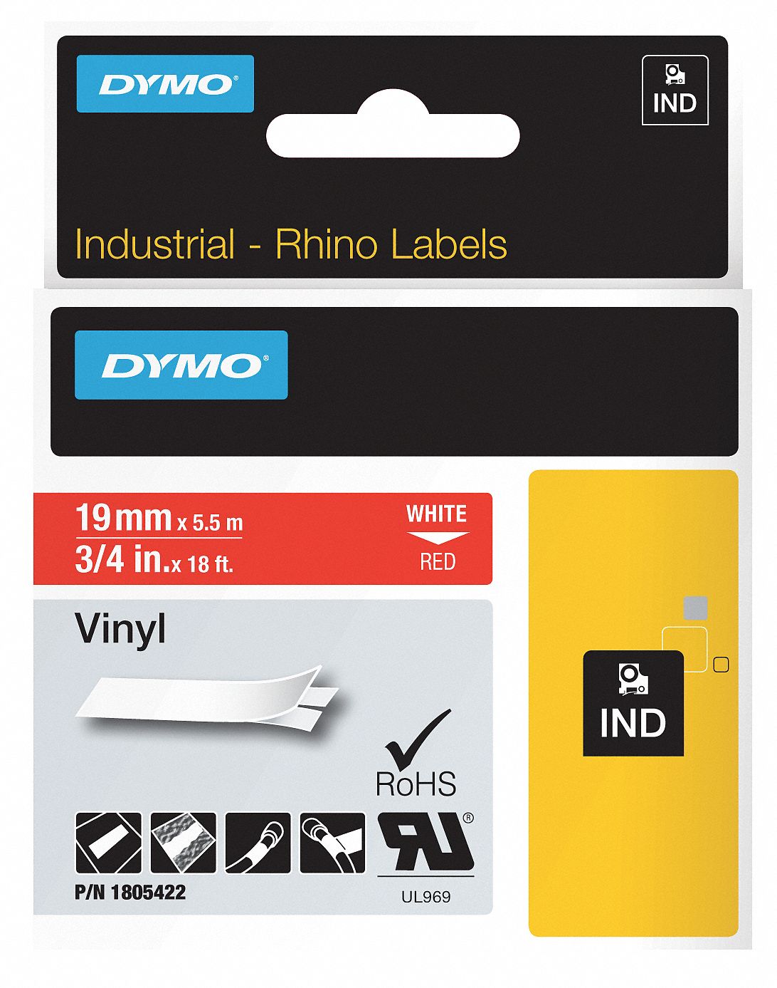 Combined Label and Ribbon Cartridge: 3/4 in x 18 ft, Vinyl, Red (Gloss), Indoor/Outdoor