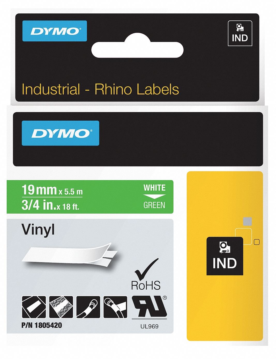 Combined Label and Ribbon Cartridge: 3/4 in x 18 ft, Vinyl, Green (Gloss), Indoor/Outdoor