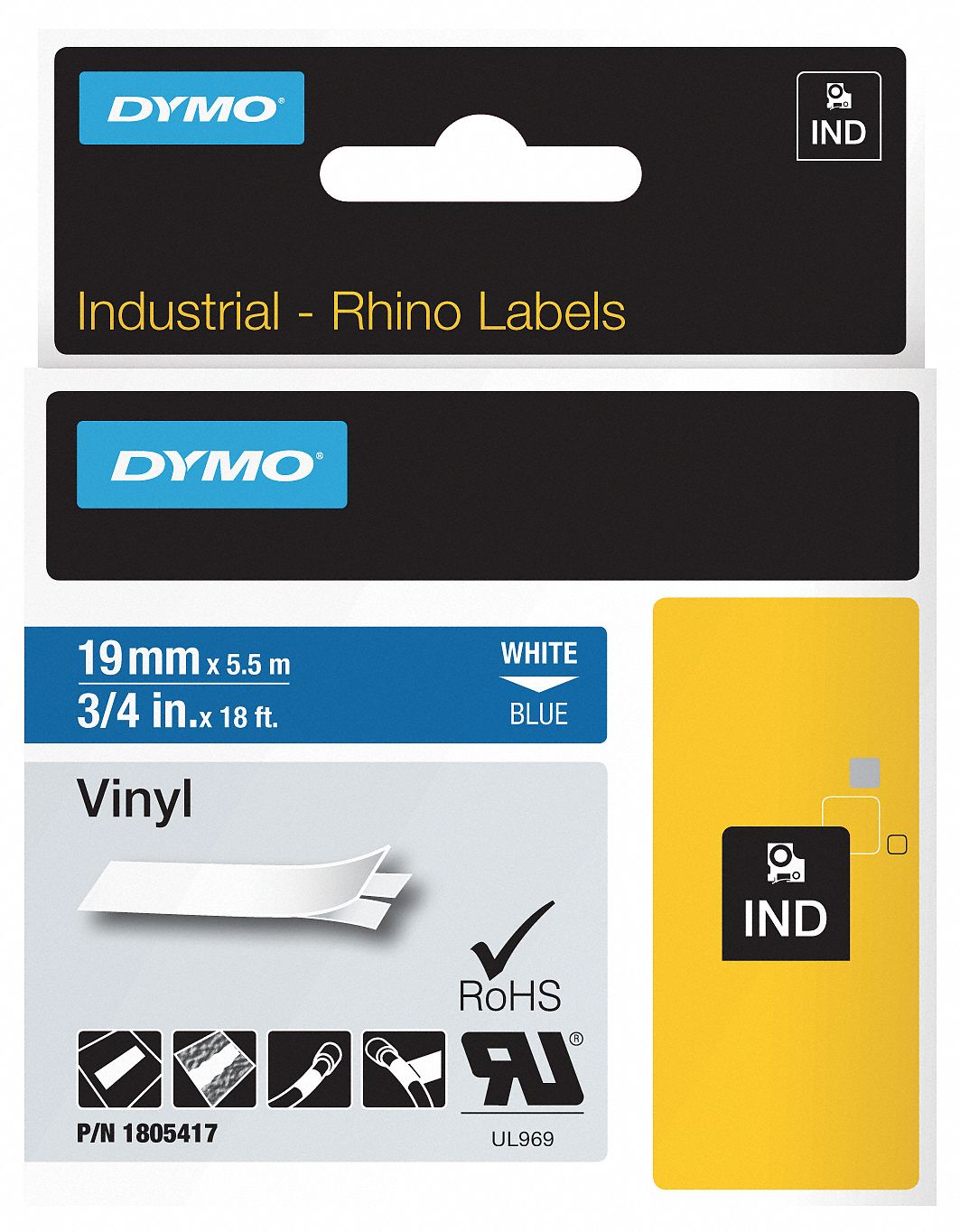 Combined Label and Ribbon Cartridge: 3/4 in x 18 ft, Vinyl, Blue (Gloss), Indoor/Outdoor