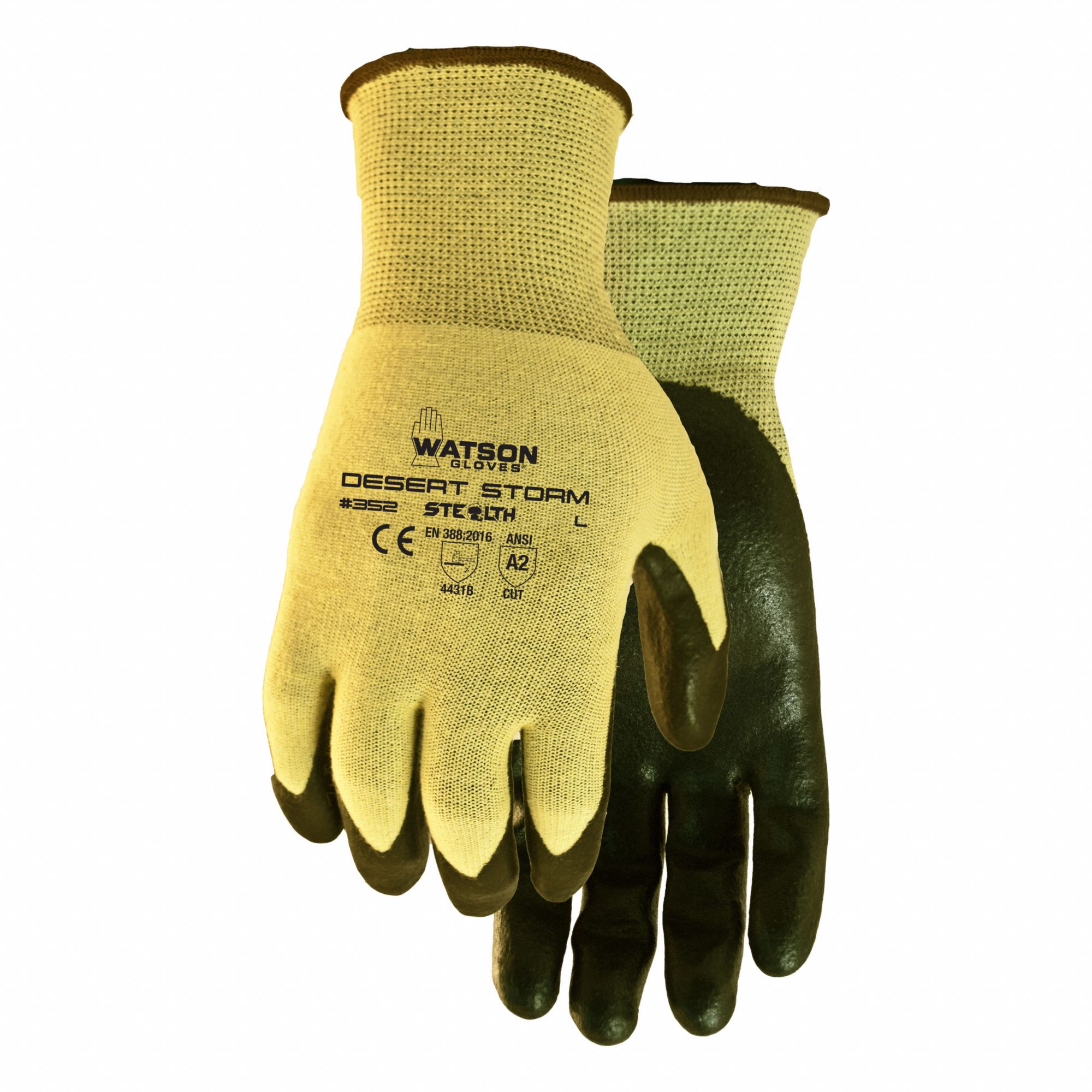 STEALTH DESERT STORM GLOVES, BLK/YELLOW, M, ANSI/ISEA ABRASION 4/CUT A2/PUNCTURE 2, 15 GA