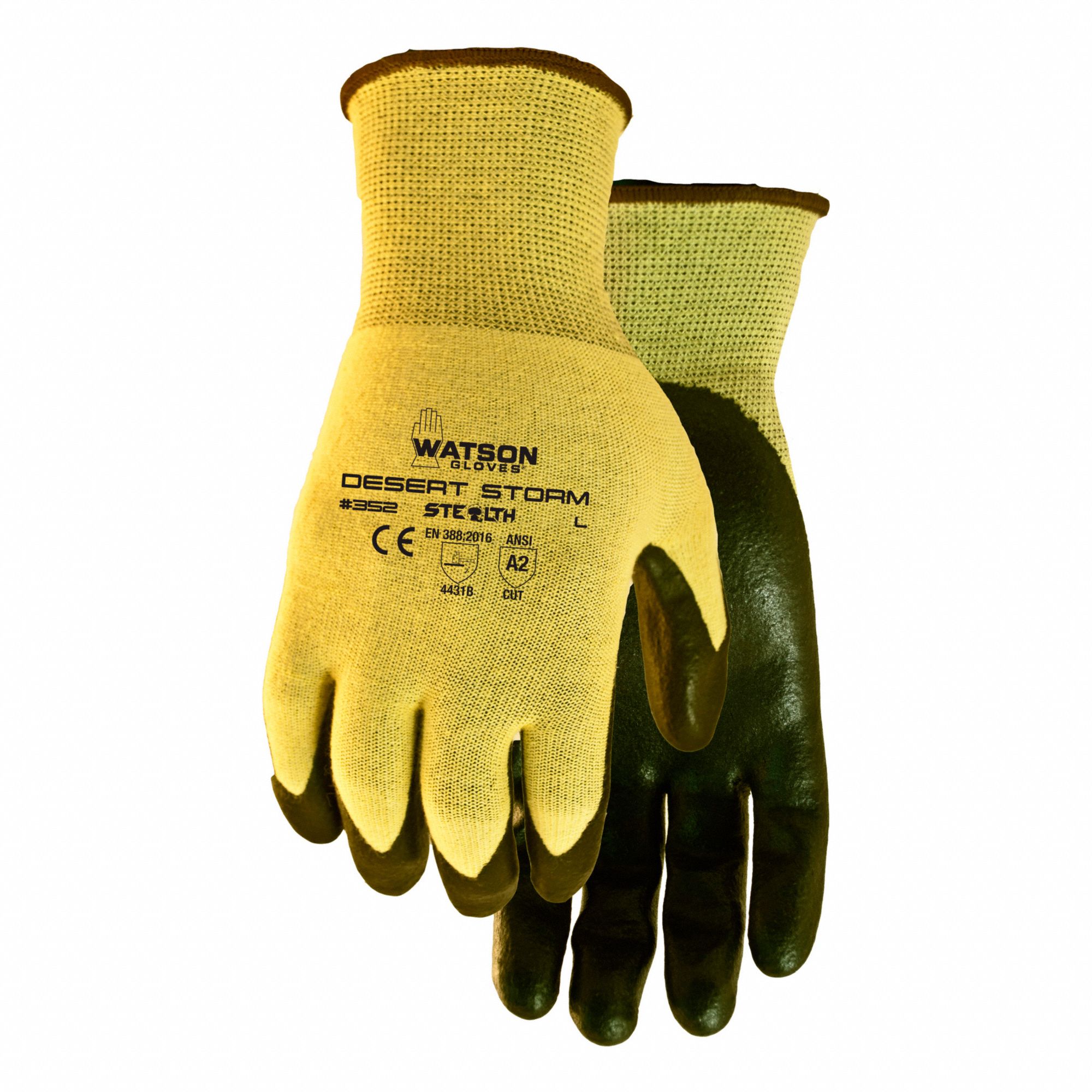 CUT-RESISTANT GLOVES, DESERT STORM, COATED PALM, XL/10, YELLOW/BLACK, KEVLAR/GLASS/LYCRA/NITRILE