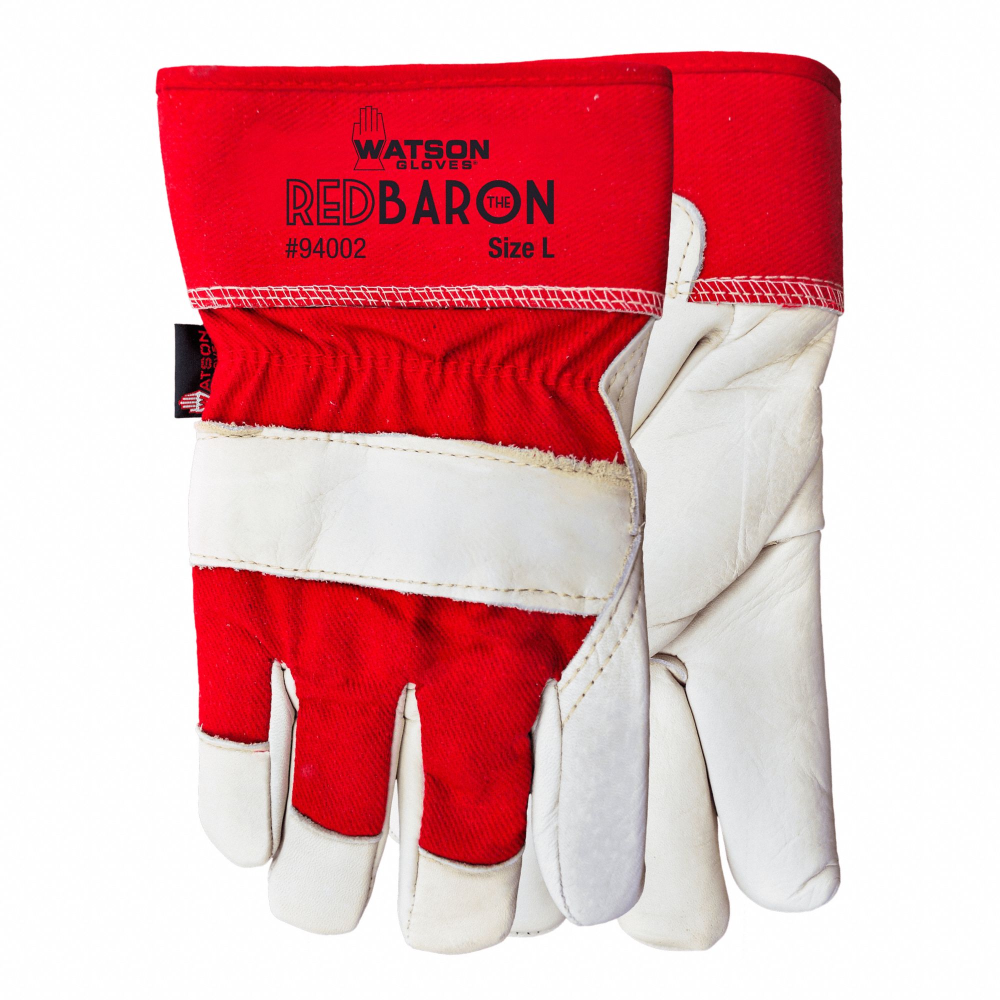 LEATHER GLOVES, RED BARON, WING THUMB, SLIP-ON, XL/SIZE 10, RED/WHITE, COWHIDE/SHERPA LINED, PAIR