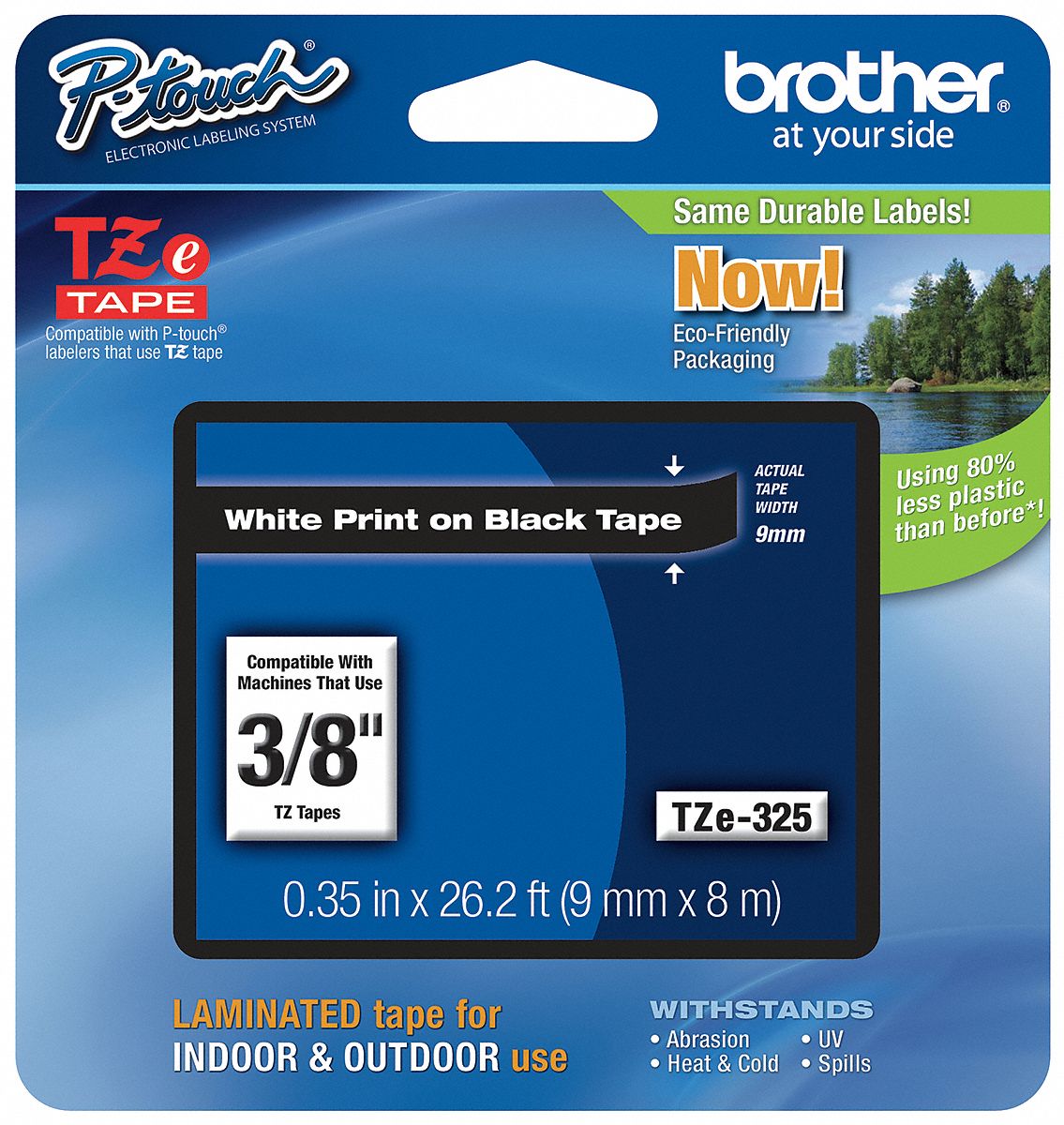 Combined Label and Ribbon Cartridge: 3/8 in x 26 1/4 ft, PET, Black (Gloss), Indoor/Outdoor