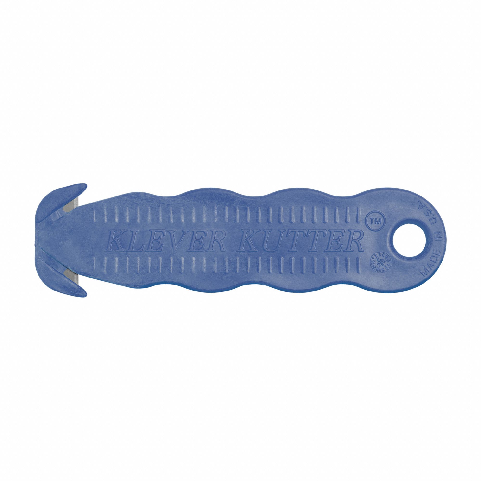 Safety Cutter: 4 5/8 in Overall Lg, Contoured Handle, Textured, Steel, Blue, Straight, 10 PK