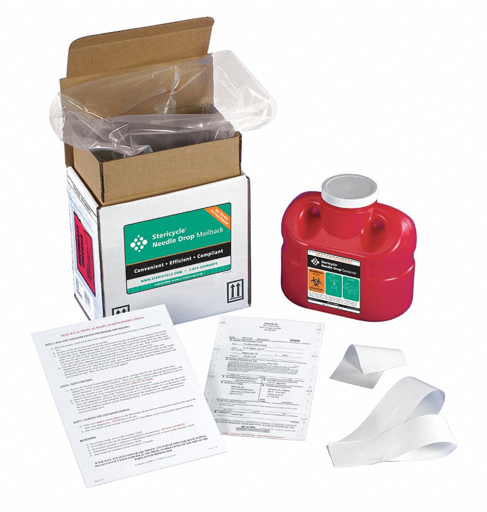 Sharps Mailback System: 1 gal Capacity, Red (Container)/White (Disposal Box), Screw On