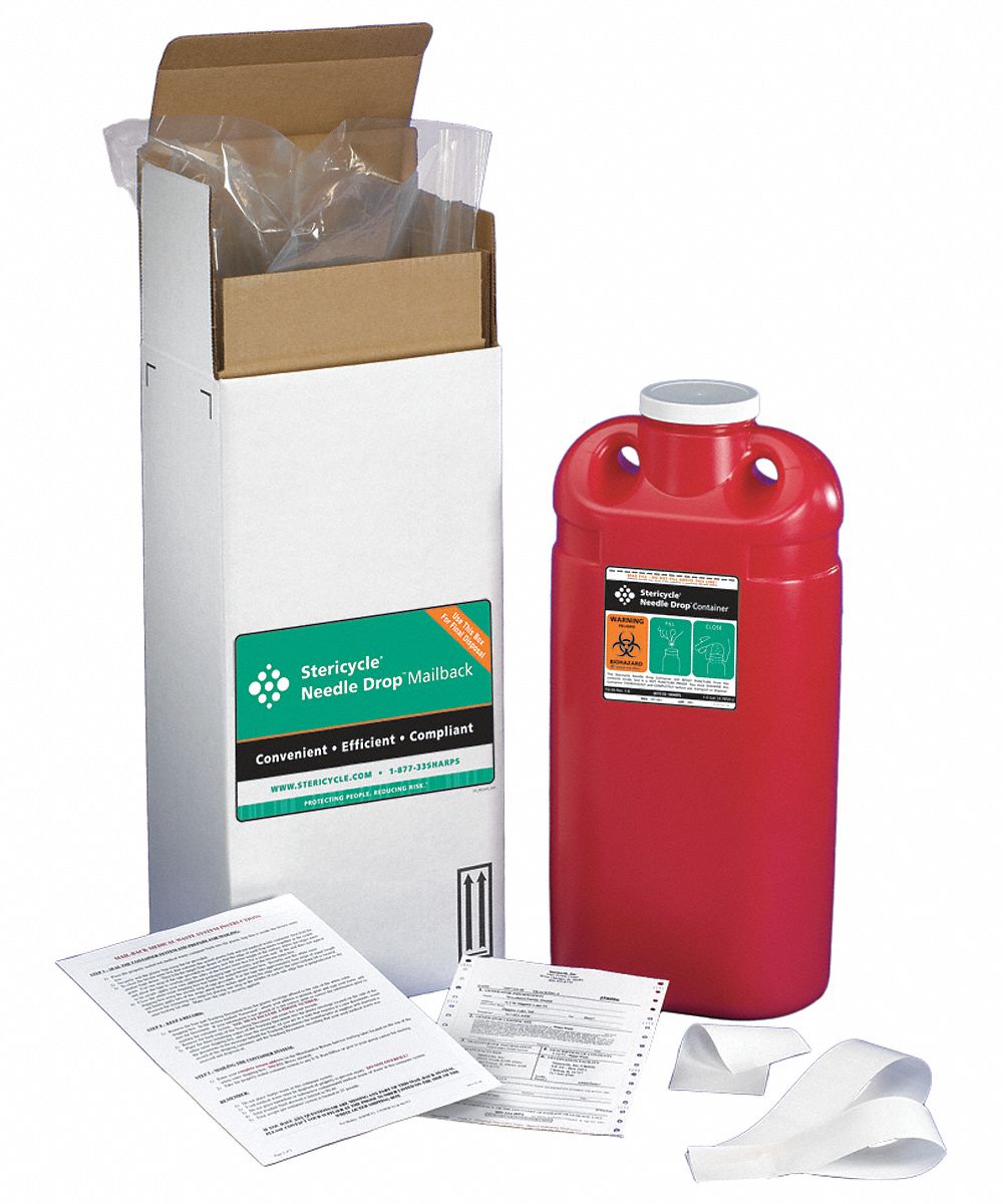 Sharps Mailback System: 3 gal Capacity, Red (Container)/White (Disposal Box), Screw On