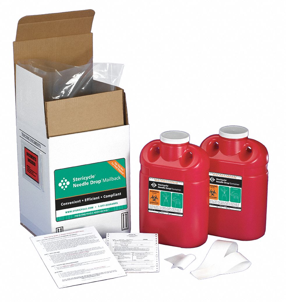 Sharps Mailback System: 2 gal Capacity, Red (Container)/White (Disposal Box), Screw On