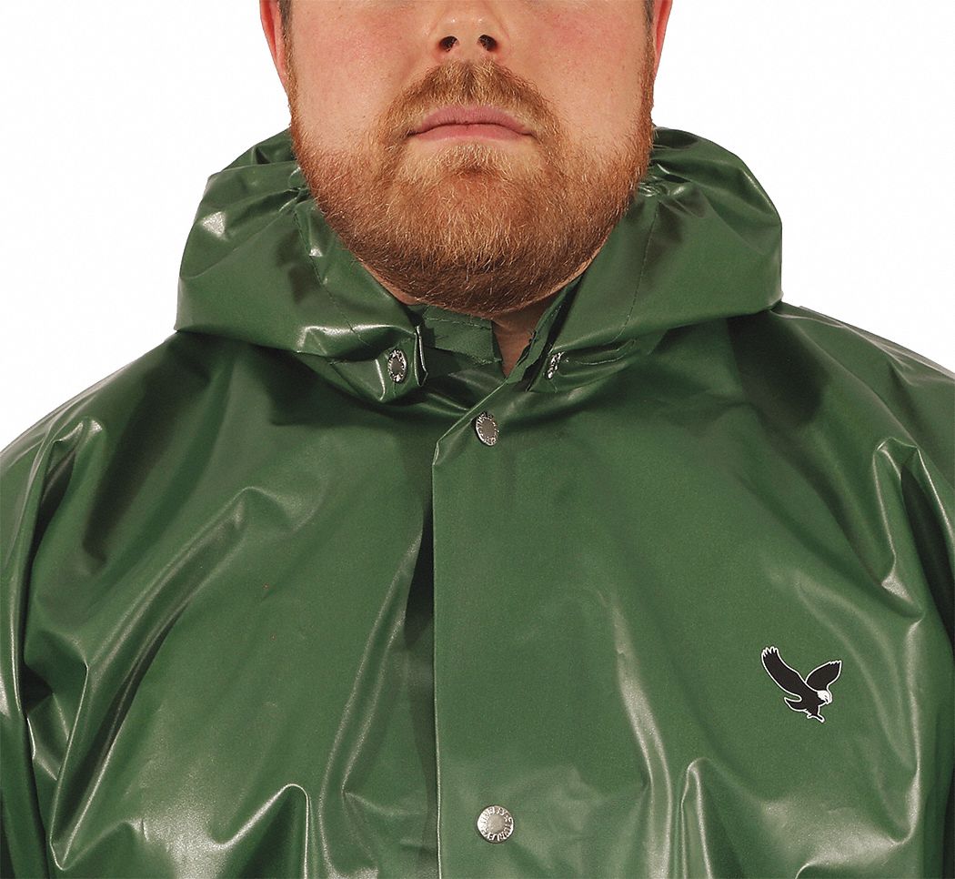 DRAWSTRING RAIN HOOD, L, GREEN, NYLON, SNAPS HOOD ATTACHMENT