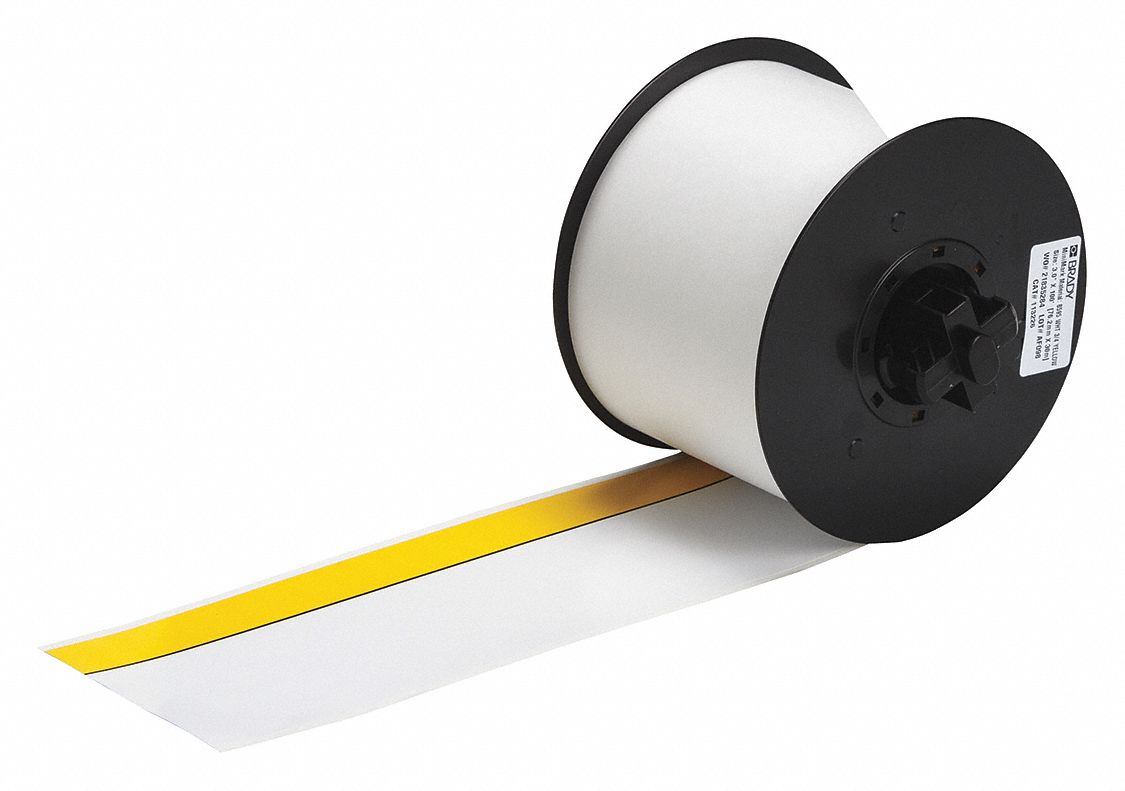 Continuous Label Stock: 3 in x 100 ft, Vinyl, White (Gloss)/Yellow (Gloss), Outdoor