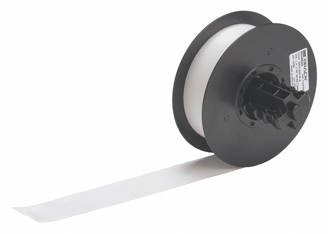 Continuous Label Stock: 1 1/8 in x 100 ft, Vinyl, White (Gloss), Outdoor