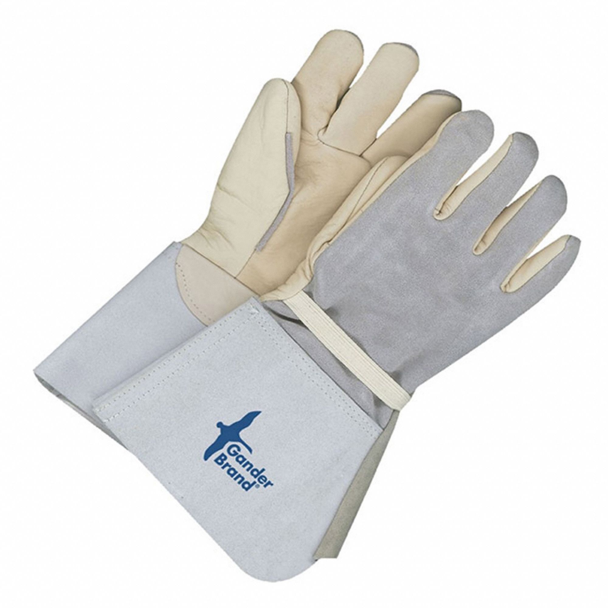 WORK GLOVES, L, 5 IN GAUNTLET W/GORE CUFF, GREY/TAN, SPLIT COWHIDE
