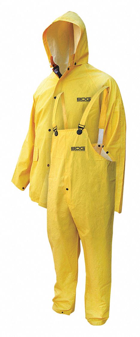 DENY UNISEX FR RAIN SUIT, JACKET/DETACHABLE HOOD/BIB PANTS, 4XL, SNAPS, PVC/POLYESTER