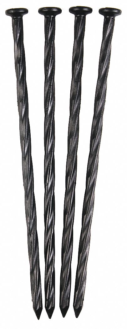 Flat Head Anchoring Spikes: 8 in L x 3/4 in dia, PVC / Nylon, Black, 4 PK